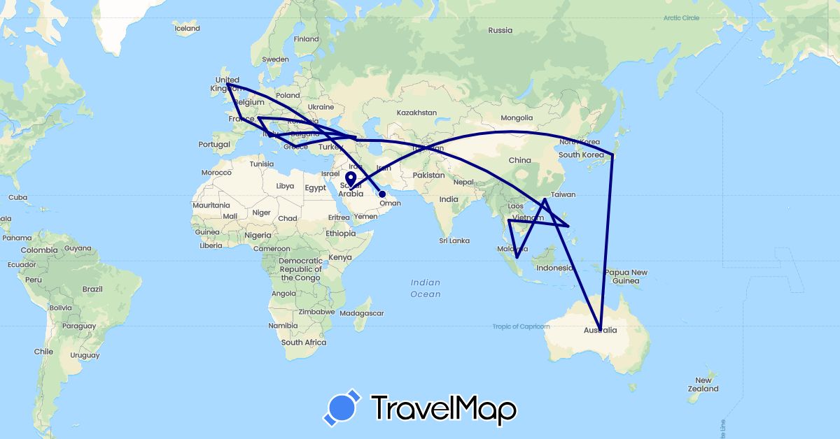 TravelMap itinerary: driving in Armenia, Switzerland, China, France, United Kingdom, Georgia, Japan, Thailand, Vatican City (Asia, Europe)